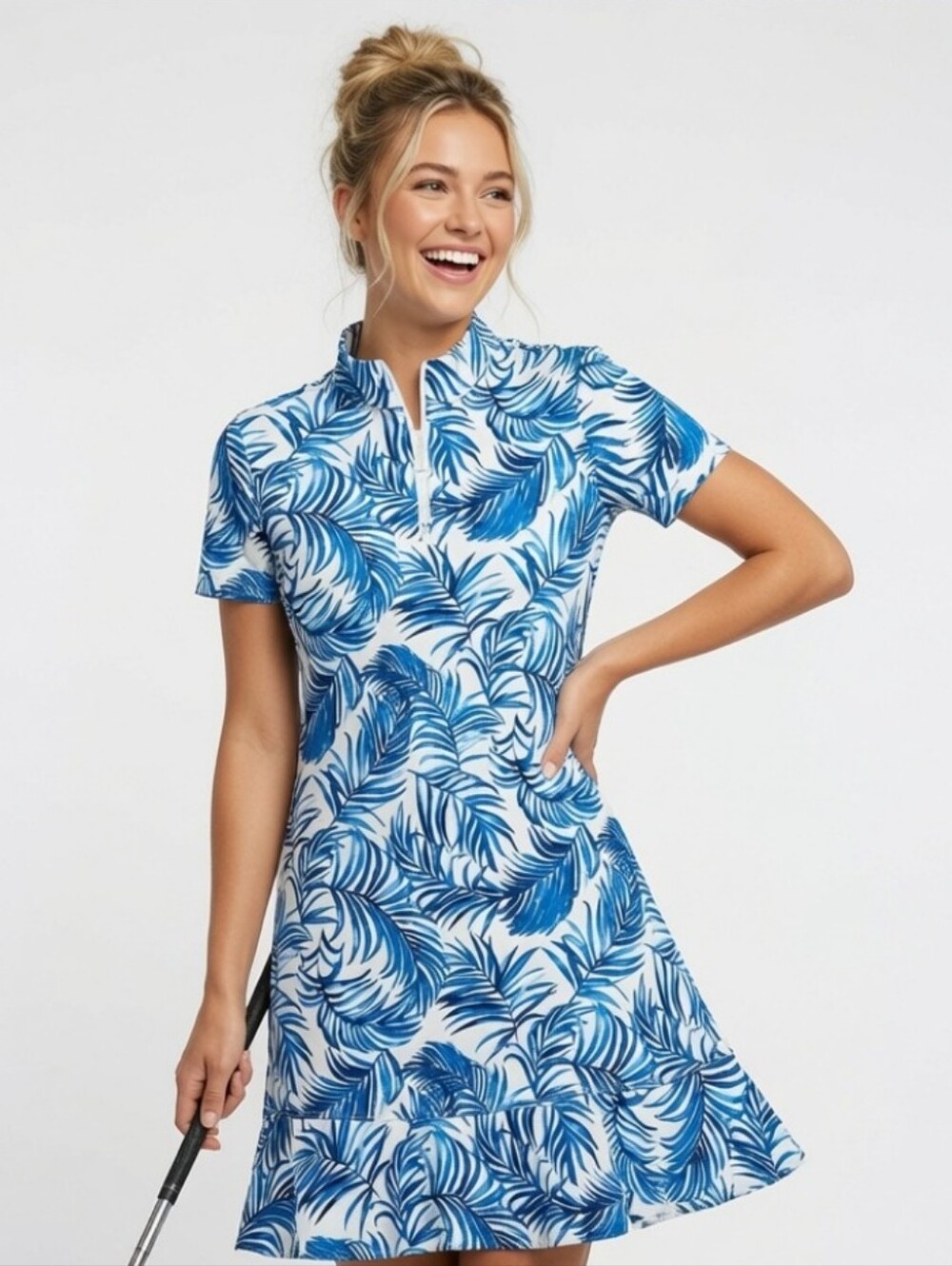 Tommy Bahama Blue and White Leaf-Print Short Sleeve Golf Mini Dress (Size:s)